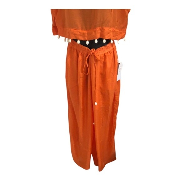 Orange 2 piece sheer cowrie shell adorned crop top and split leg pants beach set - Picture 17 of 17